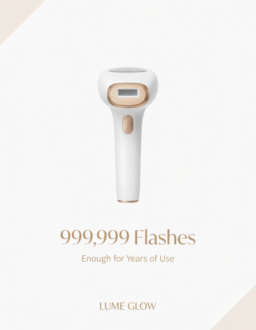 Woman holding LumeGlows IPL hair removal device during home beauty routine 999,999 flashes.
