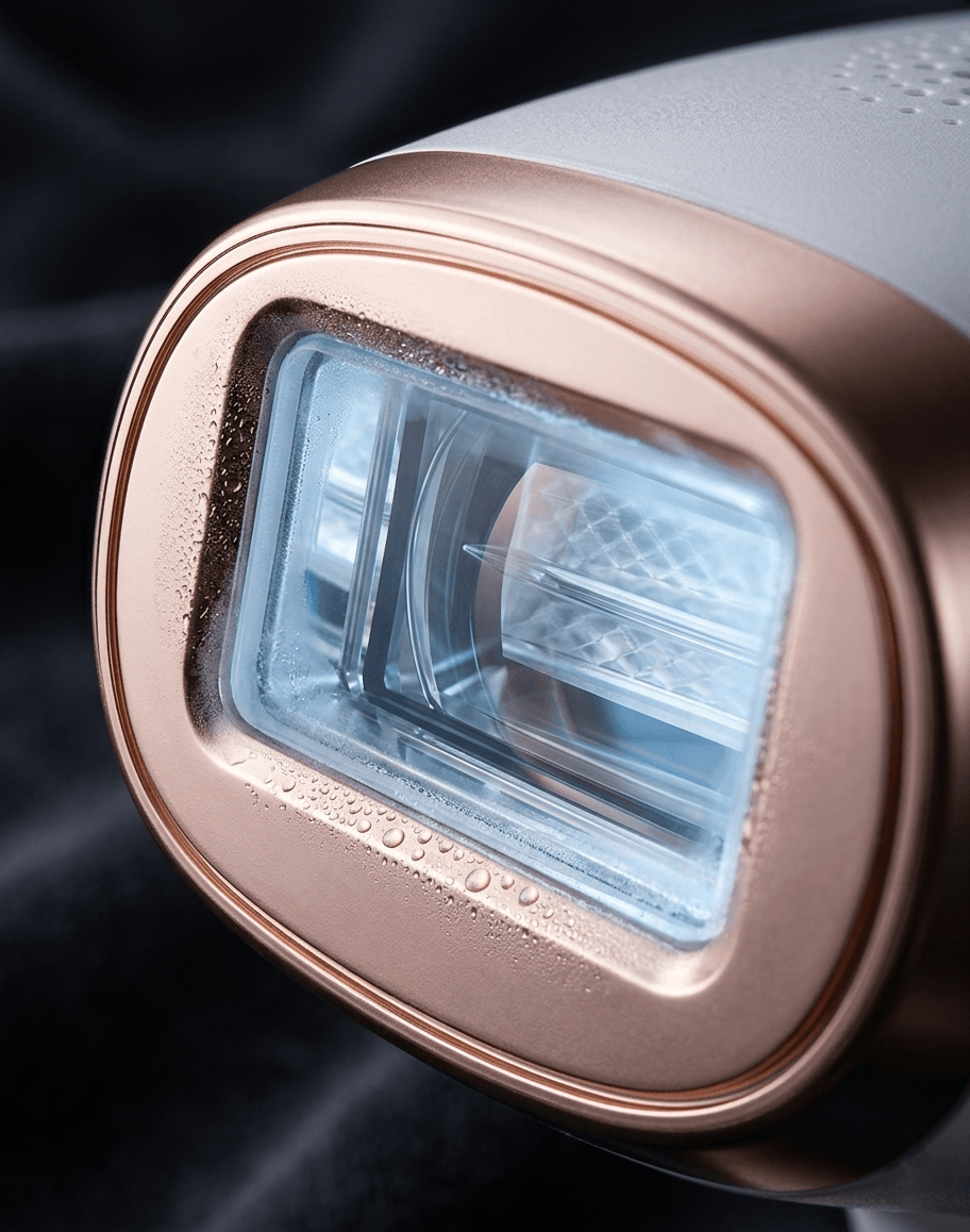 LumeGlows IPL IceGlow cooling tip close-up showing ice condensation for pain-free hair removal