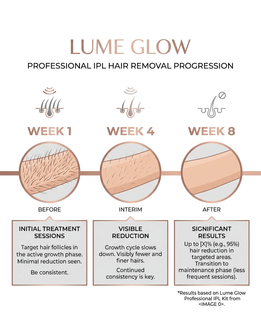 LumeGlows IPL hair removal progression timeline: Week 1 initial treatment, Week 4 visible reduction, Week 8 significant results