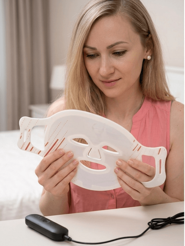 Woman wearing the LumeGlow LED face mask during an evening red light therapy skincare routine at home