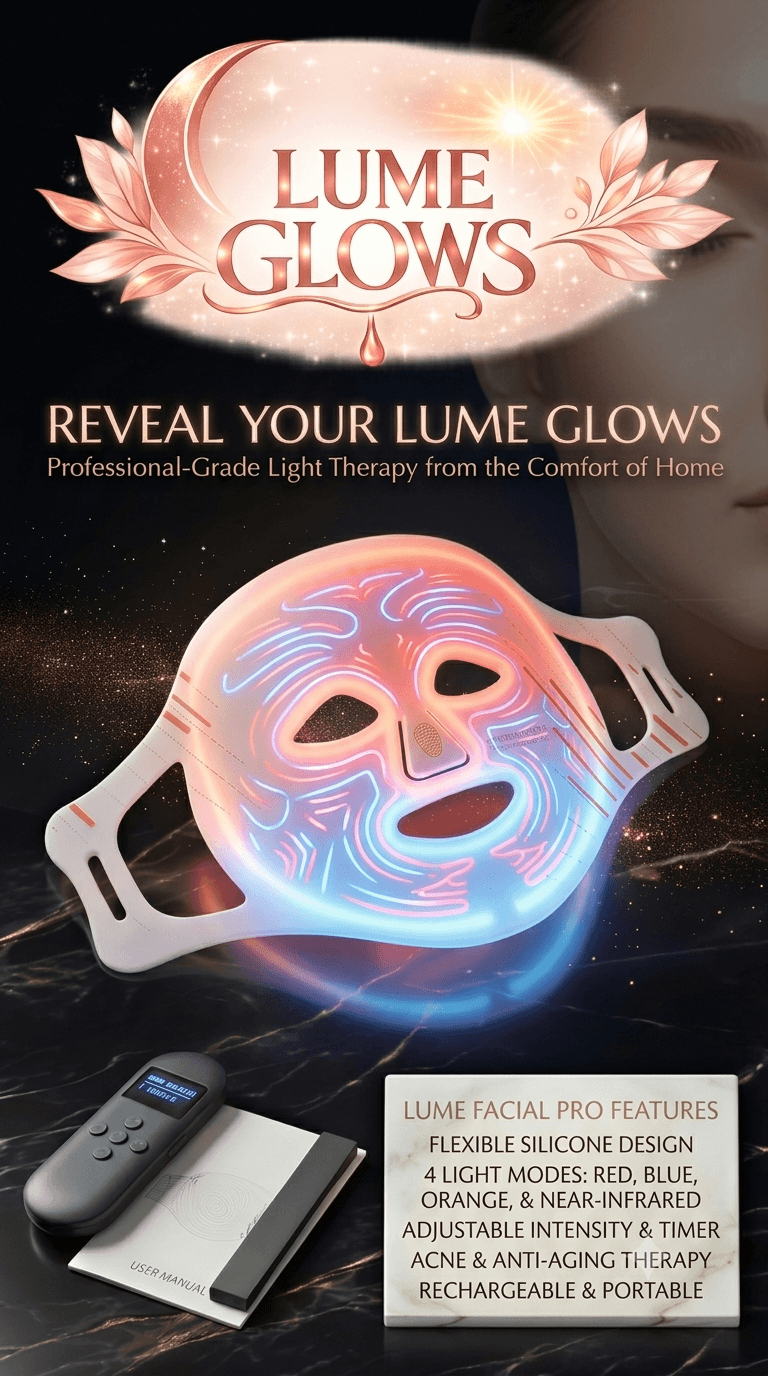 Woman wearing red light therapy mask by Lume Glows to repair sun damage spots and boost collagen